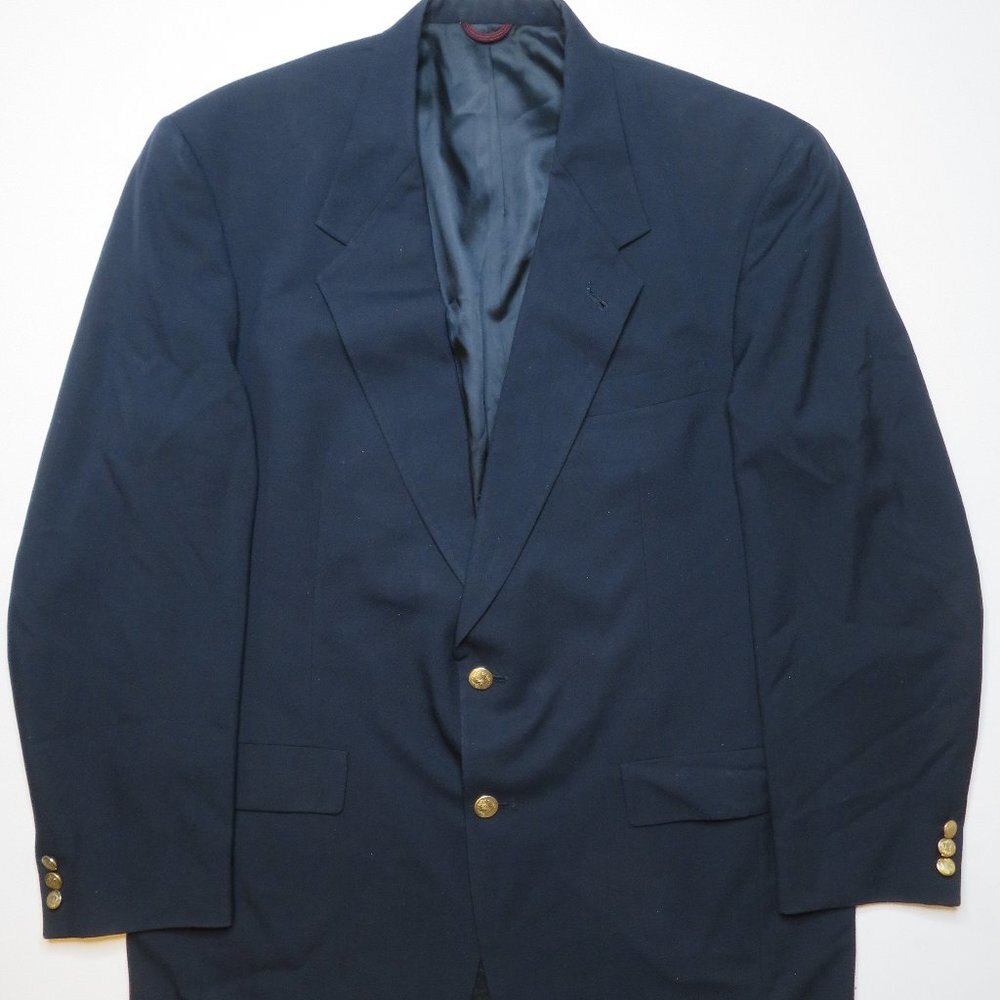 Hart Schaffner & Marx Blazer Navy Blue Gold Logo Buttons 43 L Sport Jacket Wool‎